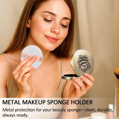 Fashion Creative Luxury Metal Beauty Sponge Case, Rose Gold Pattern, 7 cm Compact Mirror Case with Puff, Travel Makeup Powder Holder (Bronze)