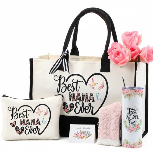 Paterr 7 Pcs Best Grandma Nana Gifts 20oz Stainless Steel Tumbler Tote Bag Sock Keychain Gift Card for Birthday Mother's Day(Nana)