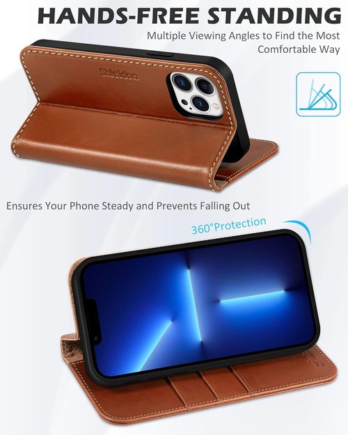 SHIELDON iPhone 13 Pro Case - Genuine Leather Folio Wallet with RFID Blocking & Kickstand - Retro Brown