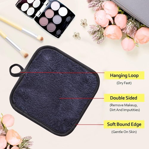 Skiennix Makeup Remover Cloths - Reusable Microfiber Cleansing Pads for Face & Eyes | 5x5 Inch, 6 Pack (Black)