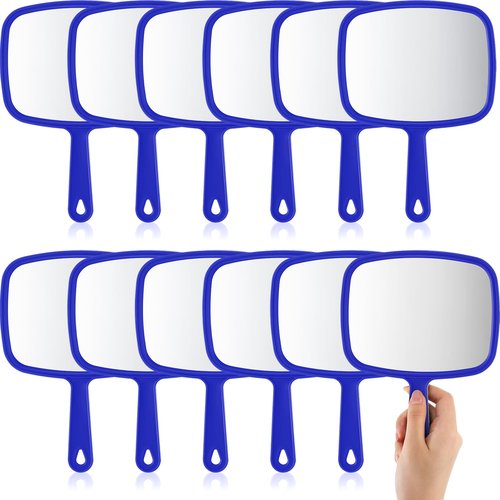 Geetery 12 Pcs Hand Held Mirrors with Handles Hand Makeup Mirrors Bulk Wall Mount for Women Cosmetic Bathroom Home Barber Salon Travel Portable Beauty School Gift, 6.69 x 9.45 Inch (Blue)