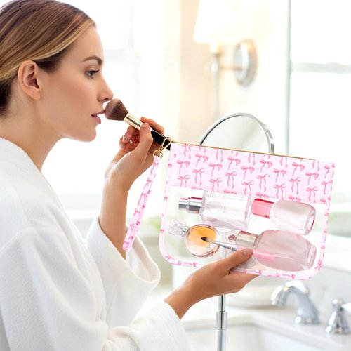 Kacctyen Pink Bow Clear Makeup Bag with Handle, Galentines Gifts for Women, Cute Coquette Zipper Cosmetic Bag Preppy Transparent Nylon Travel Organizer Portable Toiletry Pouch(Coquette)