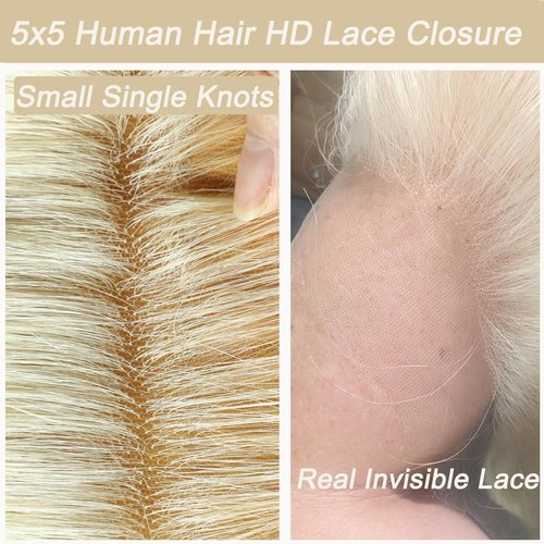 613 5x5 Closure Hd Lace Transparent Deep Part 55 613 0.11mm Ultra-Thin Invisible Skinlike Lace Closure Blond Color 12a Grade Body Wave Human Hair Pre Plucked With Baby Hair Free Part 14 Inch