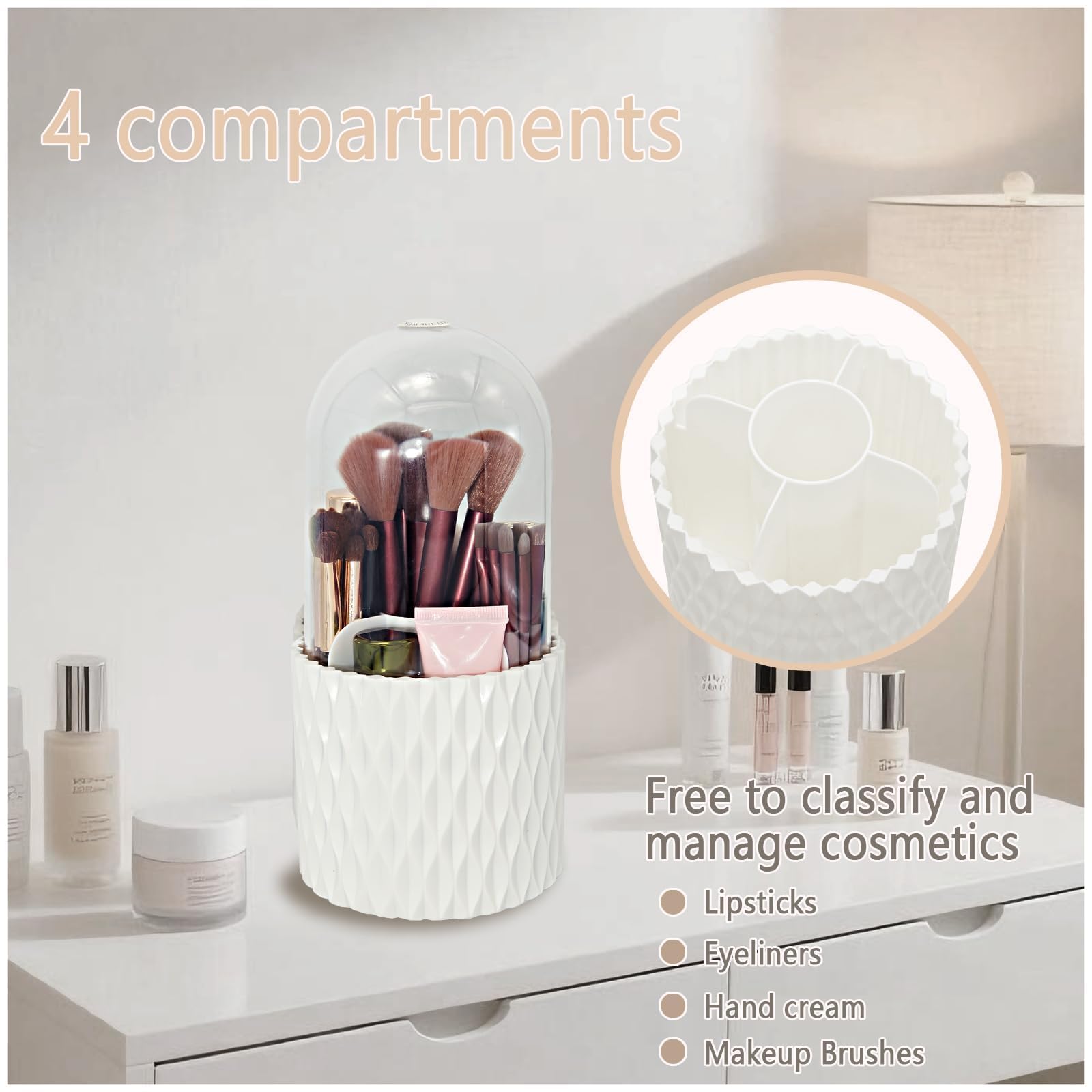 VNIMTI 360°Smooth Rotating Makeup Brush Holder with Dustproof Lid Spinning Vanity Organizer for Beauty Lipstick Perfume,Brushes Storage Container,Countertop,Dressing Table,Bathroom Desk (White)