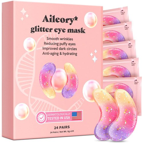 AILEORY Under Eye Patches (24 Pairs) - Tri-color Glitter Eye Gel Pads for Dark Circles, Puffy Eyes, Under eye Bags, Wrinkles | Natural Collagen Under Eye Mask Patches, Valentines Day Gift for Her