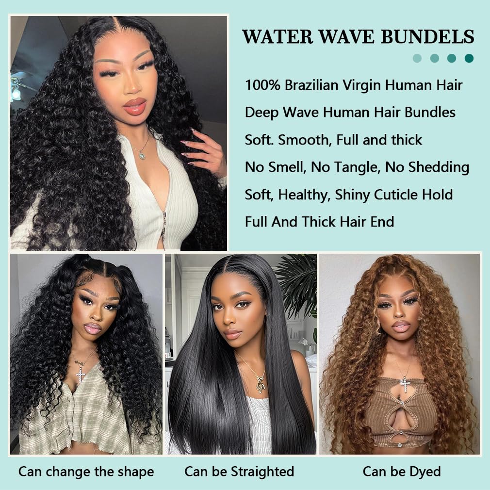 Water Wave Human Hair Bundles 24 Inch 12A Brazilian Water Wave Curly Bundles Wet And Wavy Bundles Double Weft Deep Curly Wave Bundles Natural Black