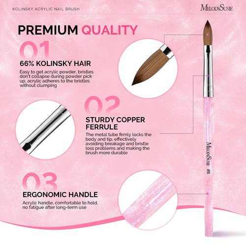 MelodySusie Kolinsky Acrylic Nail Brush,66% Kolinsky Hair Professional Nail Art Brush for Acrylic Application, Aurora Collection Fine Glitter Brush, Size 8