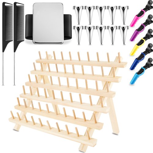 Juexica 19 Pieces Braiding Hair Rack Braid Hair Extension Tools Utensils Include Braiding Stand, 10 Parting Comb Ring, 5 Sectioning Clips, 2 Rat Tail Comb and Magnetic Pin Wristband(Wood)