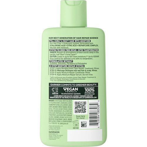 Garnier Fructis Hair Filler Shampoo - Moisture Repair for Curly & Wavy Hair with Hyaluronic Acid | 10.1 Fl Oz