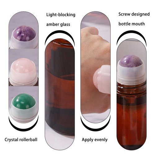 RAMFIYN 2 pack 1.7oz Large Amber Glass Roll on Bottles Rose Quartz Roller Ball Applicator for Essential Oils Perfume Refillable Empty Deodorant Containers with Pink Crystal Rollerball