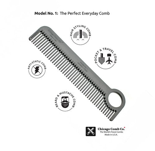 Chicago Comb Model 1 Carbon Fiber Comb + English Tan Horween leather sheath, Made in USA, ultimate pocket and travel comb, smooth strong & light, anti-static, premium American leather sheath