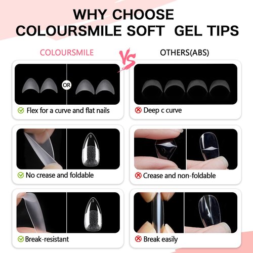 COLOURSMILE Short Almond Full Cover Nail Tips - 216pcs Pre-Shaped Gel Gelly Tips, 12 Sizes for Acrylic Nail Extension, Home DIY & Nail Salon