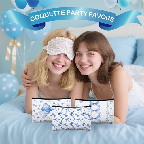16 Pcs Bow Makeup Bags Bulk for Women Blue Coquette Aesthetic Preppy Cosmetic Bags Bow Floral Canvas Toiletry Bags Aesthetic Travel Zipper Pouches for Bridesmaids Wedding Party Favors Supplies