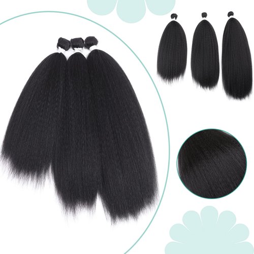 HANNE Kinky Straight Bundles with Lace Closure Yaki Long Straight Hair Bundle for Black Women Heat Resistant 3 Bundles with Closure Hair Extensions (18 20 22 Black)
