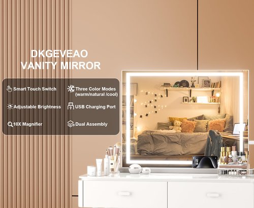 DKGEVEAO Vanity Mirror with Lights, 23" x 18" Makeup Mirror, Lighted Makeup Mirror with 3 Color Modes & Adjustable Brightness, Detachable 10x Magnification and USB Charging Design (White)