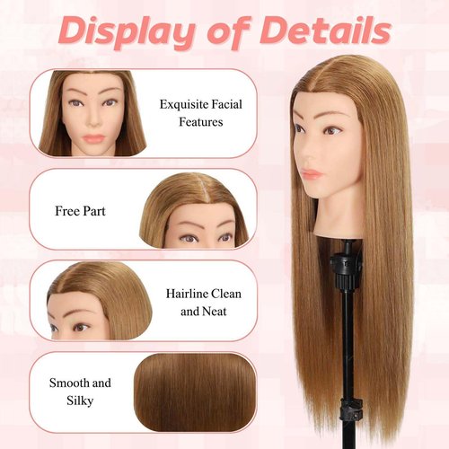 MQHIHI Mannequin Head Human Hair, 80% Real Hair Cosmetology Manikin Head for Practice Braiding Hairstyling Cutting with Free Clamp Holder and Tools (Light Brown)