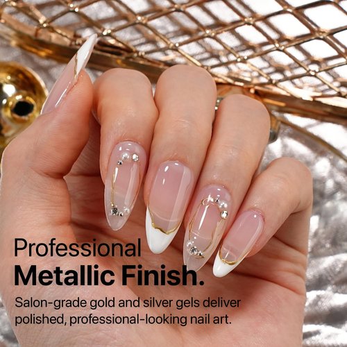 SXC Cosmetics Gel Liner Nail Art Set – Gold & Silver 2pcs Gel Liner Nail Art Chrome 3D High-Gloss Effect for Nail Paint Design with Thin Brush DIY French Manicure Curing Requires