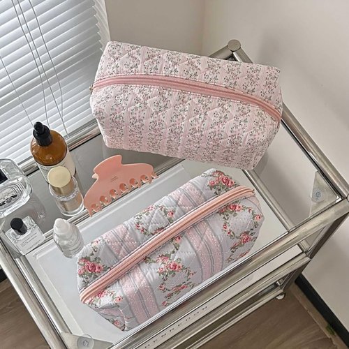 KFVIM Floral Make Up Bag Coquette Cosmetic Bag Quilted Makeup Bag for Women Portable Toiletry Bag Travel (pink)