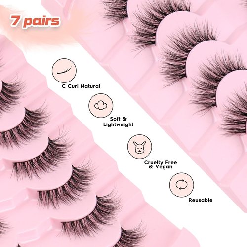 Natural Cat Eye Lashes Wispy Eyelashes 14mm Lightweight False Eyelashes 3D Volume Natural Lashes 0.1mm Thin Cotton Band Lash Strips Pack C Curl Soft Eyelash 7 Pairs Siligli