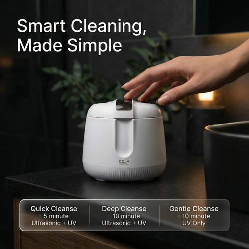 COJA Dental Cleansing Pod PRO + UV - 48kHz Ultrasonic Retainer Cleaner, Dual Accessory UV Ports, 200mL, USB-C Rechargeable for Aligners, Dentures, Night Guards, Mouthguards (Arctic White)