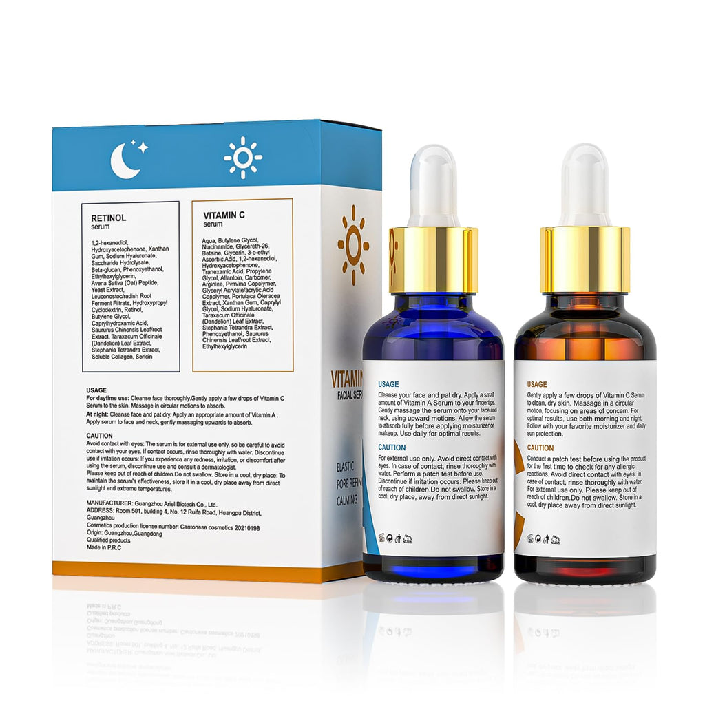 Vitamin C Serum with Hyaluronic Acid & Retinol Serum for Face - Day & Night Set to Brighten, Hydrate & Improve Skin Firmness for All Skin Types, Men & Women