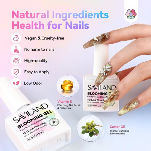 SAVILAND 30 ML Blooming Gel Nail Polish: 1-Second Quick Blooming Gel 2PCS Natural Castor Oil VE Marble Watercolor Gel Polish for Unique Bloom Nail Design Spreading Effect U V LED Manicure Salon Home
