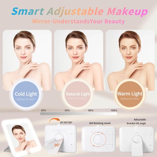 Gdsshuhung Makeup Bag with LED Mirror & Magnifier, Large Cosmetic Organizer Travel Makeup Case with Adjustable Brightness & 6 Detachable Dividers, Portable Makeup Storage for Women Girls (Brown)