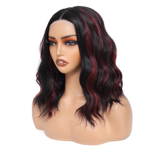 Rushinice Short Wavy Black Mixed Red Wig for Women, Lace Hairline Middle Part Bob Style Heat Resistant Synthetic Wigs Natural Looking for Daily Party 14 Inch