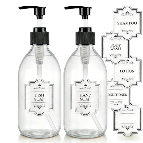 Homepicker Small 10 oz Clear Glass Soap Dispenser with Pump, Glass Pump Bottle for Lotion Body Oil, 300ml Hand and Dish Soap Dispensers Set with Storage Caps, Labels - 2 Pack