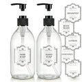 Homepicker Small 10 oz Clear Glass Soap Dispenser with Pump, Glass Pump Bottle for Lotion Body Oil, 300ml Hand and Dish Soap Dispensers Set with Storage Caps, Labels - 2 Pack