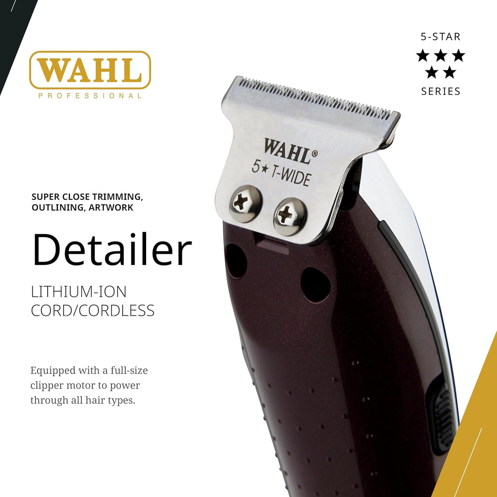 Wahl Professional 5 Star Cordless Detailer Li Trimmer - T Wide Blade & 100 Min Runtime | Includes Charging Stand