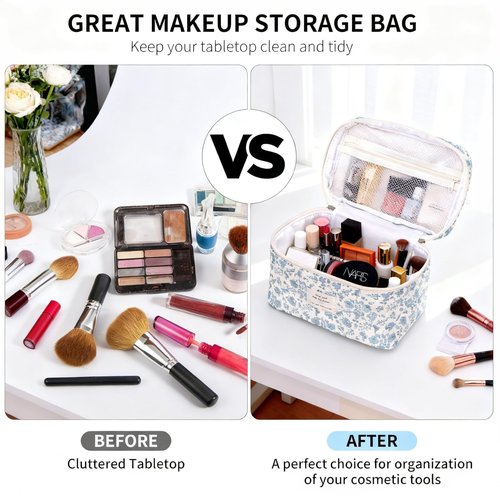 PGAXM 3PCS Makeup Bag,Quilted Cosmetic Bag,Large Floral Makeup Bag for Women,Cute Cotton Cosmetic Bag Set,Travel Toiletry Bag For Women(White blue)