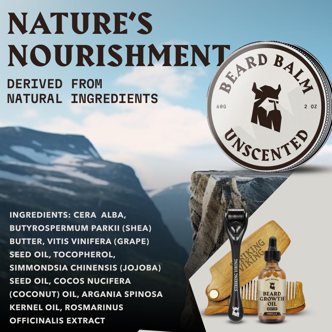 Striking Viking Beard Balm - Unscented 2 Ounces | Fragrance-Free Care & Styling with Argan & Jojoba Oils