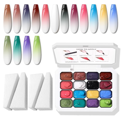 Karroy Sponge Pat Paint Nail Gel, Ombre Nails Gradient Gel Nail Blush Blooming Aura Nails Drawing Stripper Floral Painting DIY Nail Art, No Wipe, UV/LED Curing (16 Colors B)