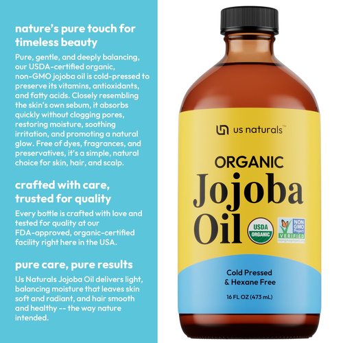 Us Naturals 16oz Organic Jojoba Oil – Glass Bottle – USDA Certified Organic & Non-GMO – 100% Pure, Cold-pressed, Unrefined, Hexane-free – Premium Glow-Boosting Oil