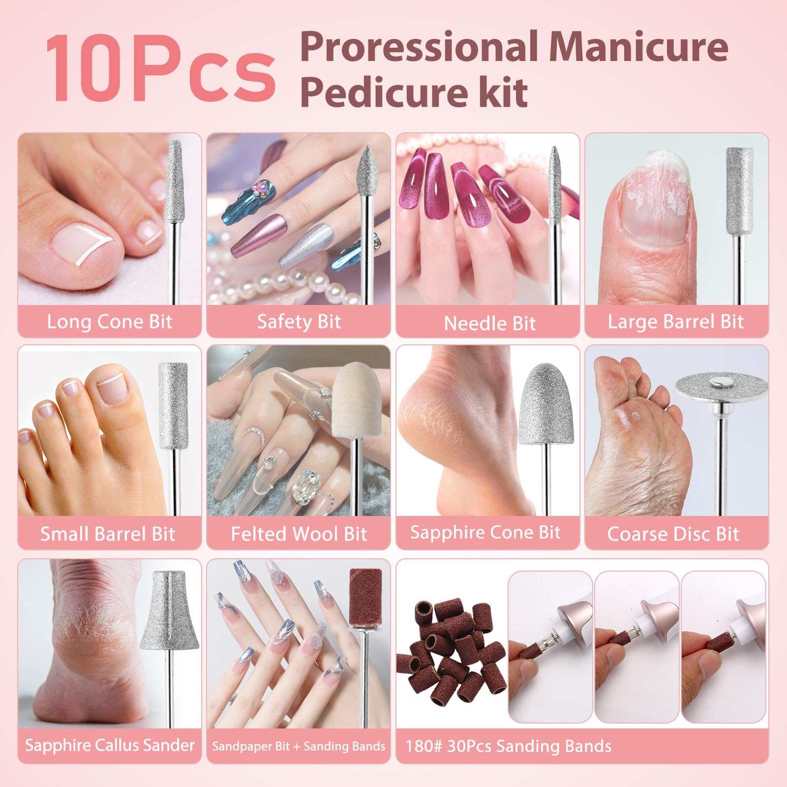 ZABOUL Electric Nail Drill Kit Cordless Professional Manicure Pedicure Nail File Buffer for Acrylic Nails Gel Polishing Removing Manicure Salon Home with Nail Drill Bits Sanding Bands