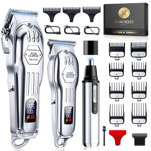 KIKIDO Hair Clippers for Men, Professional Cordless Hair Trimmers Set, Rechargeable Nose Hair Beard Trimmer, Hair Cutting Machine Haircut Grooming Kit (Sliver-3)