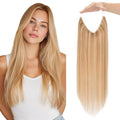 Charites Halo Hair Extensions Real Human Hair Invisible Wire Extensions with Transparent Fish Line Adjustable Size Golden Brown & Bleach Blonde 12 inch