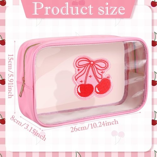Kacctyen Pink Bow Clear Makeup Bag Coquette Pink Bow Travel Toiletry Preppy Cosmetic Bag Travel Organizer Trendy Portable Gift for Women Girlfriend Bridesmaid Birthday Mothers Day(Cherry Bow)