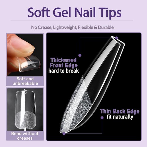 AddFavor Medium Square Nail Tips, 480pcs Soft Gel Nail Tips Square Shape Clear Fake Nails Full Cover Acrylic Nails Tips for Extensions Manicure Home DIY 15 Sizes