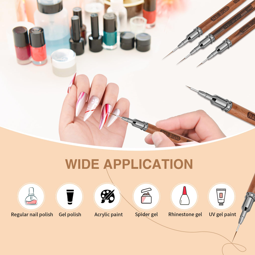 ZEOHBETY Wooden Nail Art Brushes, 5Pcs Nail Art Liner Brushes, Painting Art Design Brush Set Nail Dotting Drawing Tool for Long Lines, Thin Details, Fine Drawing Sizes 6/9/12/15/18mm, Natural