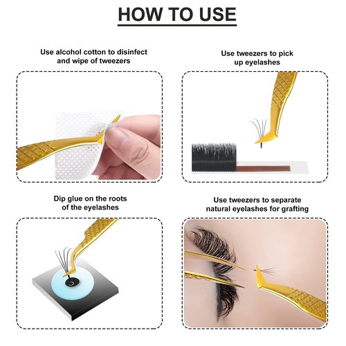 SIVOTE Eyelash Extension Tweezers Fiber Tips Japanese Steel, Set of 6, Curved, Dolphin, 90 Degree 45 Degree, Volume Boot & Slight Curved Tweezer, Gold