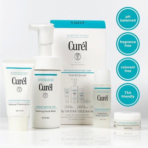 Curel Japanese Skin Care Travel Size Set - Face Wash, Lotion & Makeup Remover for Dry, Sensitive Skin
