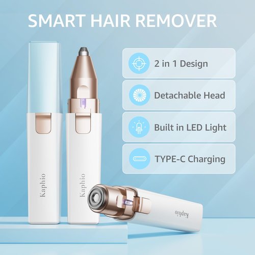 KAPHIO Facial Hair Removal for Women: 2 in 1 Electric Hair Removal Device for Chin Upper Lip Peach Fuzz & Rechargeable Eyebrow Trimmer for Shape Brows with Light (Blue)