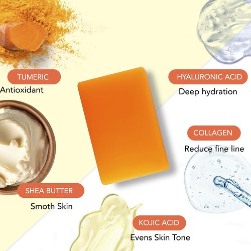 Kojic Acid Soap and Loofah Sponge Set: Soap Bar with Turmeric, Vitamin C, Retinol, Hyaluronic Acid, Vitamin E, Shea Butter, Olive Oil - 2 Pack Soap and 1 Pack Spooge