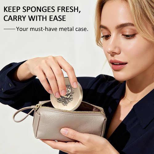 Fashion Creative Luxury Metal Beauty Sponge Case, Rose Gold Pattern, 7 cm Compact Mirror Case with Puff, Travel Makeup Powder Holder (Bronze)