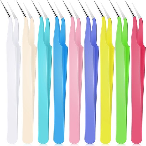 Honoson 9 Pieces Curved Pointed Craft Tweezers Stainless Steel Precision Tweezer with Protective Cover for Rhinestones Dried Flowers Craft Stickers Eyelash Extension Jewelry Making(Macaron Colors)