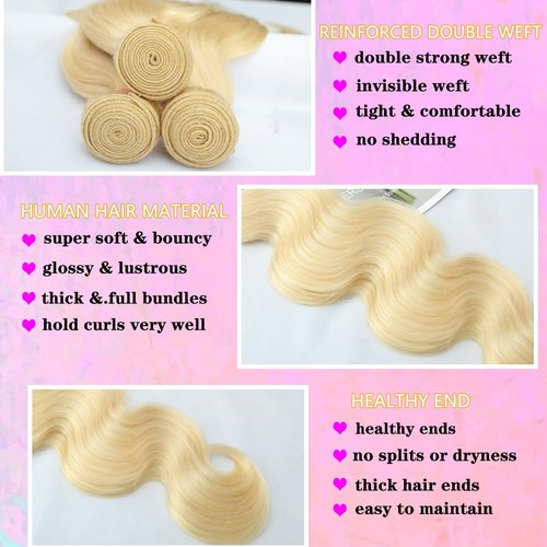 OUAYESI 613 Bundles Human Hair Body Wave Blonde Bundles Human Hair 16 Inch 100% Unprocessed 12A Brazilian Virgin Raw Weave Bundles Human hair Blonde Bundle Body Wave Extensions for Women