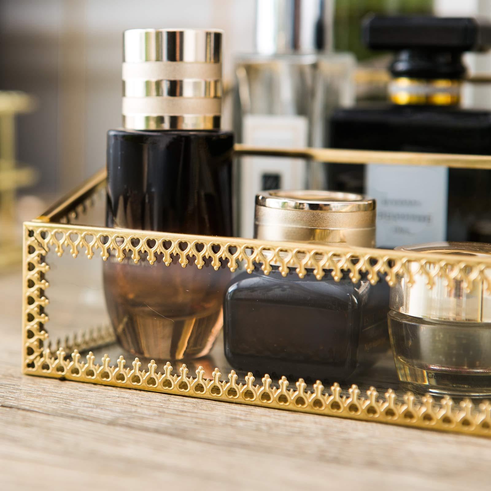 WHSLILR Vintage Gold Makeup Organizer - Glass Makeup Organizer Countertop Organizer for Make-Up Brushes Vanity, Tabletop Organizer Display Case for Bathroom, Vanity, Drawers GJB001