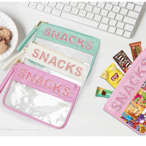 Clear Snack Bag For Travel Beach Work Waterproof, Bling Rhinestone Letter Cosmetic Bags Travel Toiletry Bag,Cute Snack Pouch Organization,Personalized Makeup Bag Gift For Women Girls (Blue-Snacks)